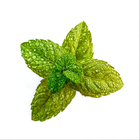 Lush green mint leaves adorned with water drops showcase freshness and vibrancy, perfect for...