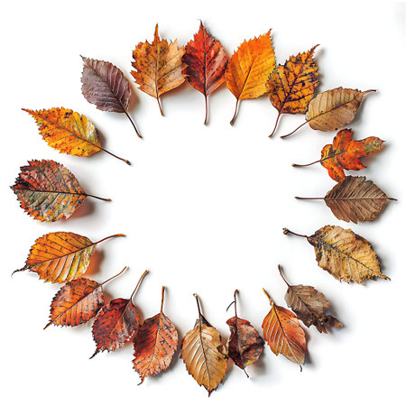 A stunning circular arrangement of autumn leaves in vibrant orange and brown shades, showcasing the...
