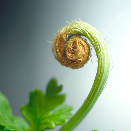 A stunning close-up image of a fern leaf elegantly unfurling in a bright natural setting, showcasing...