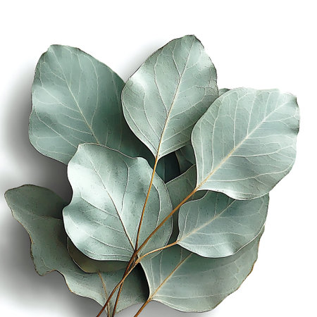 A serene arrangement of delicate eucalyptus leaves on a soft white background, perfect for natural...