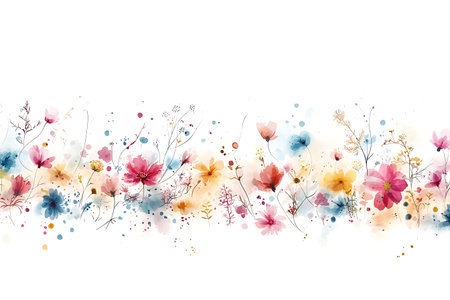Brighten up your projects with this vibrant floral watercolor background featuring an array of pink, blue, and yellow flowers, creating a cheerful and artistic atmosphere.の写真素材