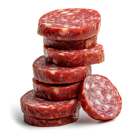 A visually appealing arrangement of cured sausage slices showcases rich colors and textures perfect for culinary projects and food displays.の写真素材