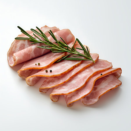 Freshly sliced ham garnished with rosemary and peppercorns creates an inviting culinary presentation, perfect for appetizers, gourmet dishes, and elegant dining experiences.の写真素材