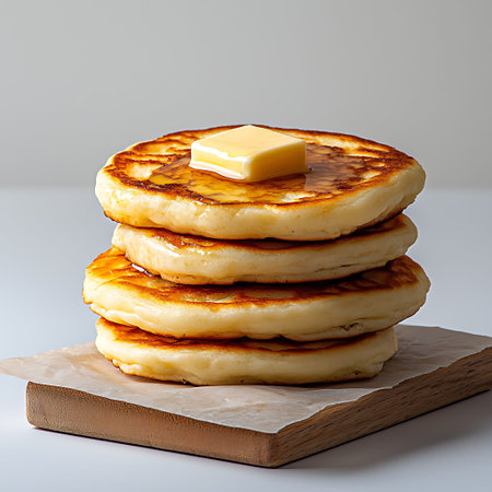 A delectable stack of homemade pancakes topped with a pat of butter and drizzled with syrup, perfect for a comforting breakfast or brunch experience.の写真素材
