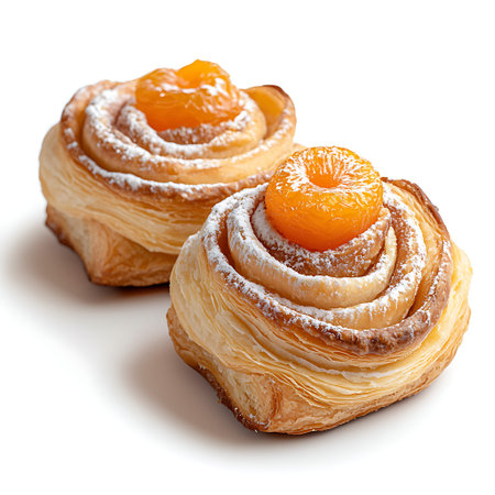 A delectable sweet pastry featuring a soft, flaky dough filled with apricot and topped with powdered sugar, perfect for any occasion.の写真素材