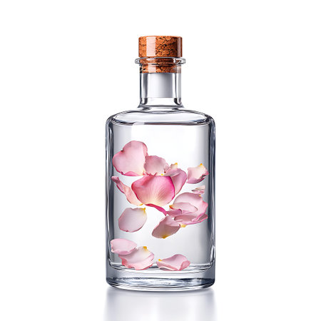 This elegant glass bottle features delicate rose petals floating gracefully inside, topped with a cork stopper, perfect for home decor and enhancing ambiance.の写真素材