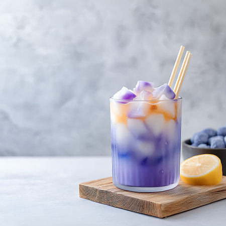 This vibrant layered drink features colorful hues over ice, garnished with a lemon slice and blueberries, perfect for summer gatherings and refreshment.の写真素材