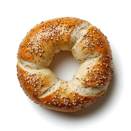 A freshly baked bagel topped with sesame and poppy seeds, showcasing a golden crispy crust and soft interior. Perfect for breakfast or snacks.の写真素材