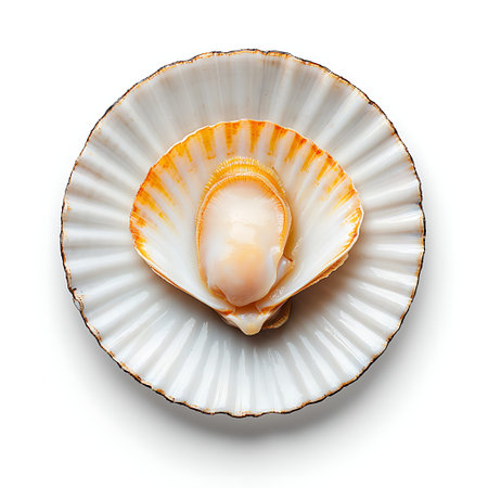 A beautiful scallop shell featuring a fresh scallop, perfect for showcasing seafood cuisine. Ideal for culinary presentations and food photography.の写真素材