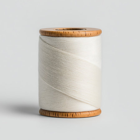 A sleek white thread wound around a wooden spool captures the essence of crafting and sewing. Ideal...