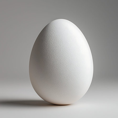 A minimalist representation of a single white egg resting on a smooth surface, beautifully lit with...