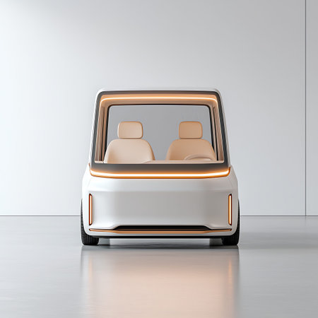 This image showcases a futuristic electric car with a minimalist interior and bright lighting,...