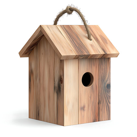 This unique wooden birdhouse features a natural finish and a twine handle, making it a perfect...