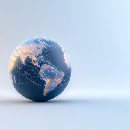 This image showcases a globe representing the world interconnected by digital lines and lights,...