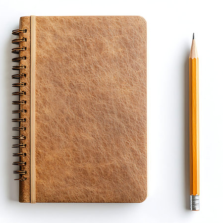A rustic brown notebook lies next to a sharpened pencil on a clean white surface, ideal for creative...