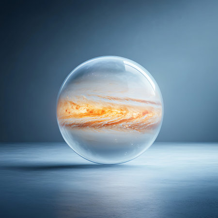 This stunning image features a glowing glass sphere with swirling colors that create a mesmerizing...