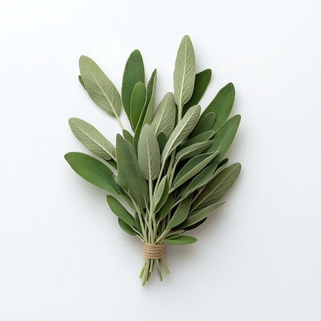 A stunning bouquet of fresh sage leaves arranged elegantly on a clean white background. Perfect for...