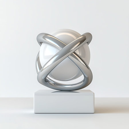 This modern abstract sculpture features shiny metallic rings elegantly surrounding a glossy white...