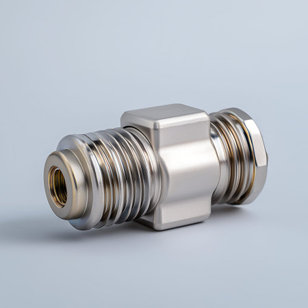 This close-up image features a modern metal connector with a sleek design, highlighting its shiny...