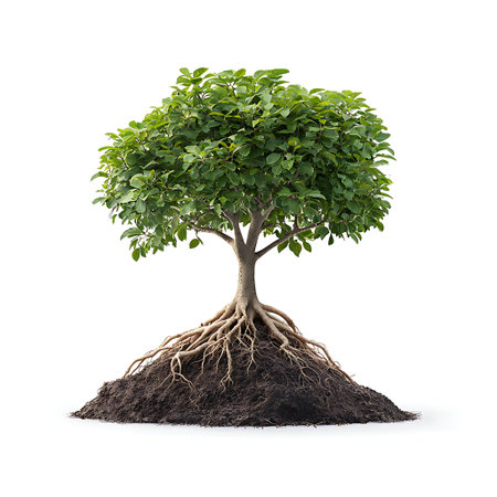 A vibrant green tree with a sturdy trunk and visible roots anchored in rich soil, symbolizing...