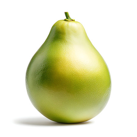 This image features a fresh green pear with smooth skin, showcasing its appealing shape against a...