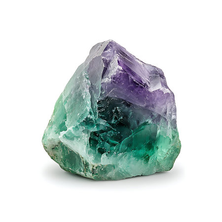 A stunning raw fluorite crystal showcases striking shades of purple and green, offering an exquisite...