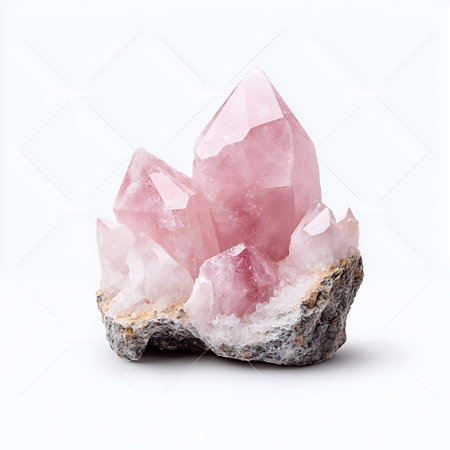 Stunning pink quartz crystal showcases elegant pointed formations atop a rough gray rock base,...