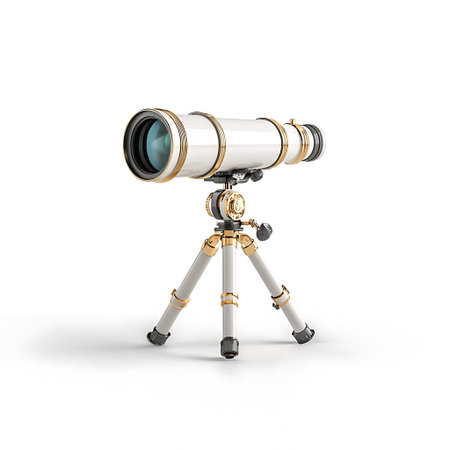 A stunning telescope featuring a sleek white body with gold accents, perfect for stargazing and...