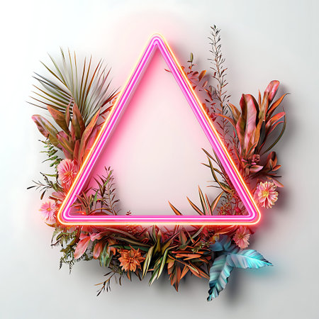 A vibrant neon triangle frame featuring colorful tropical flowers and lush greenery, perfect for...