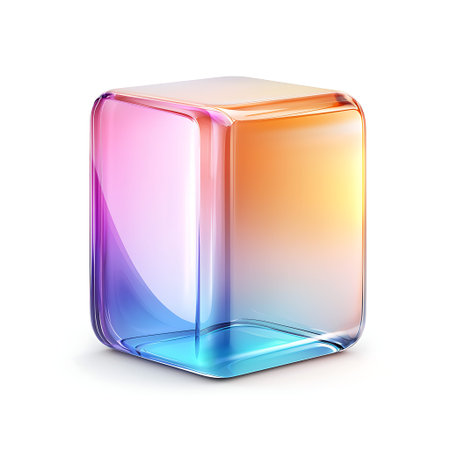 A vibrant transparent cube showcasing a gradient hue, perfect for modern abstract designs, digital...