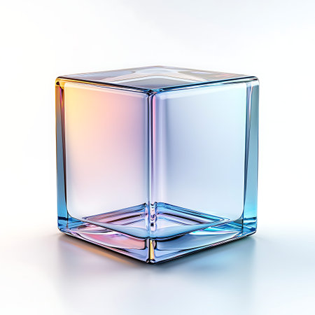 A stunning abstract representation of a colorful glass cube set against a white background,...