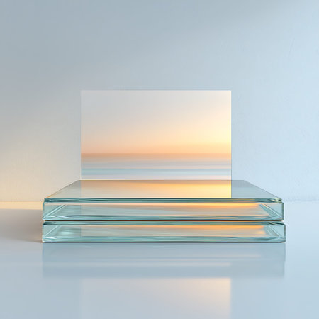 A modern glass display featuring an abstract art piece inspired by a serene sunset. The minimalist...