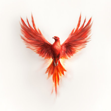 This artwork features a vivid red phoenix with dynamic wings, embodying fire and elegance against a...