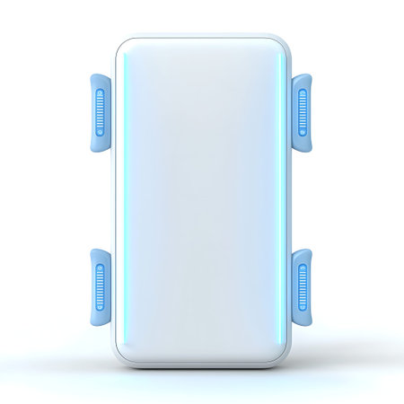 This image showcases a modern smartphone with blue accents, featuring a blank screen suitable for...