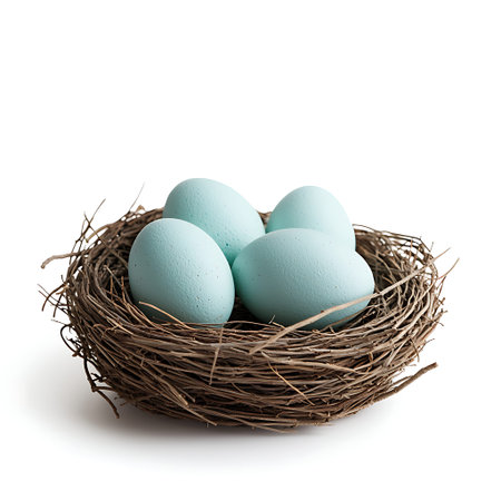 A serene representation of blue eggs nestled in a rustic twig nest, capturing the essence of spring and natural beauty in a minimalist composition.の写真素材