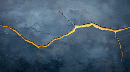 This image features an abstract representation of a cracked dark blue wall with striking gold lines,...