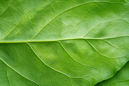 Detailed close-up image of a fresh green leaf showcasing its intricate veins and textured surface. A...