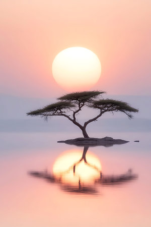 Witness a stunning sunset reflecting on calm waters, featuring a silhouette of a lone tree. This...