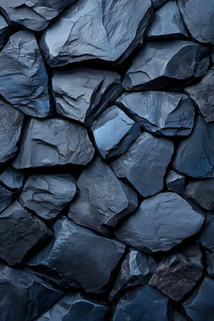 A striking background featuring a collection of black slate rocks, showcasing unique textures and...
