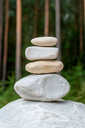 A serene arrangement of balanced stones atop one another in a forest setting, promoting peace, mindfulness, and natural beauty for relaxation.の写真素材
