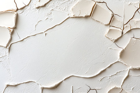 Discover a captivating close-up of dry cracked white paint showcasing intricate surface patterns and...