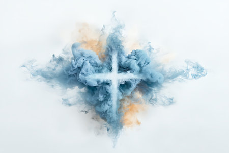Mesmerizing swirling smoke in blue and orange hues on a white backdrop creates an artistic cross...