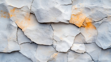 A close-up view of a textured gray and white stone wall featuring cracks and subtle orange...