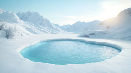 A tranquil winter scene featuring a circular pool of blue water surrounded by snow-covered mountains...