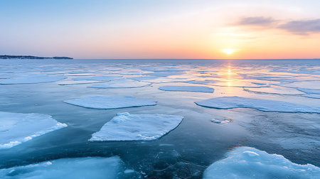 A stunning sunset illuminates frozen ice floes on the ocean, casting vibrant colors across the sky....