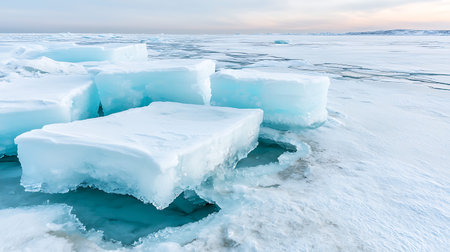 Beautiful ice blocks rest on a frozen surface, revealing calm water beneath in a serene winter...
