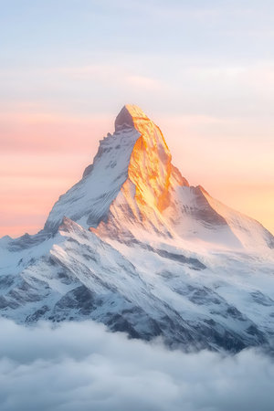 A breathtaking view of a majestic snow-capped mountain peak at sunrise, reflecting warm golden hues...