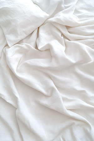 A soft white fabric draped elegantly over a surface, exuding comfort and warmth, ideal for enhancing...
