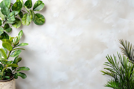 A serene display of greenery featuring lush leaves against a soft, textured wall ideal for enhancing...