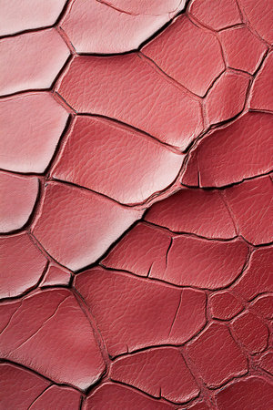 This image captures a close-up view of textured red leather, showcasing intricate patterns and...